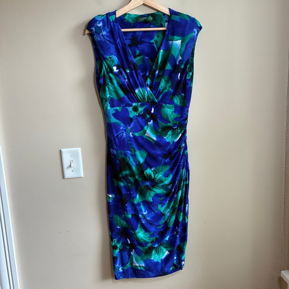 Lauren Ralph Lauren Floral Ruched Sheath Dress 6 Blue Green Womens Surplice